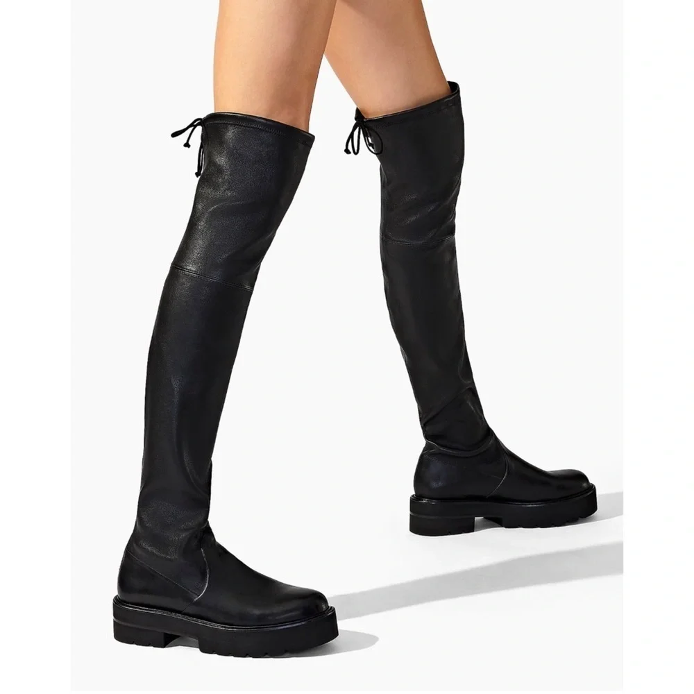 Stuart Weitzman $995 Black Platform Lug Sole Leather Over the Knee Boot NWT 7